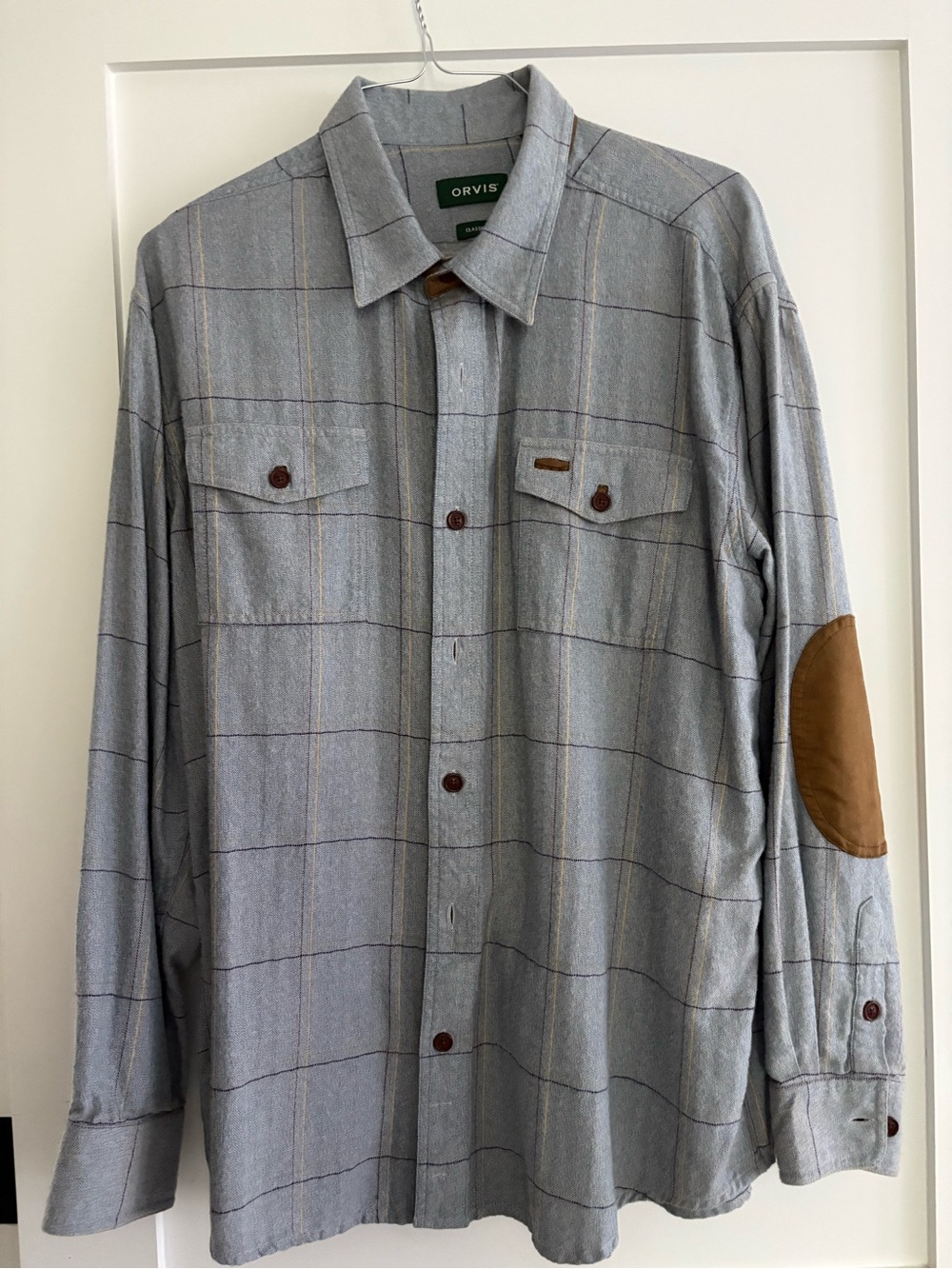 Orvis Gray Windowpane Button-Down Shirt with Brown Elbow Patches